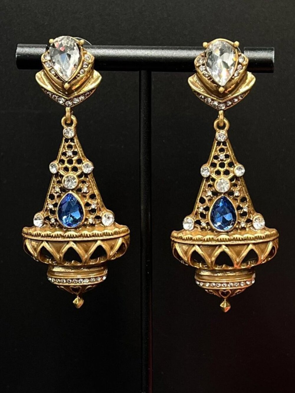 Victorian Style Crystal Dangle Earrings Gold Tone Cathedral Statement